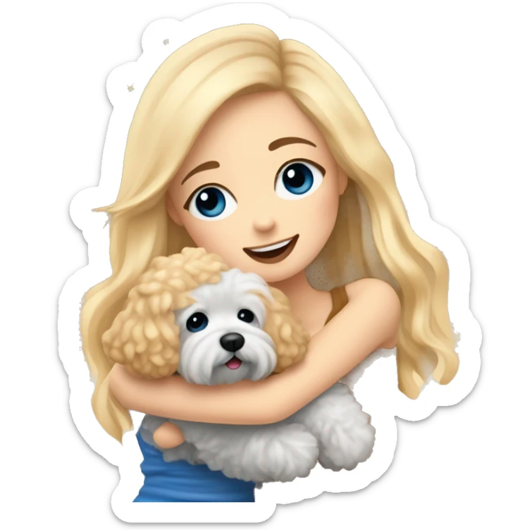 Blonde girl with long straight hair and blue eyes is hugging a small caramel maltipoo and they are celebrating a new year  sticker