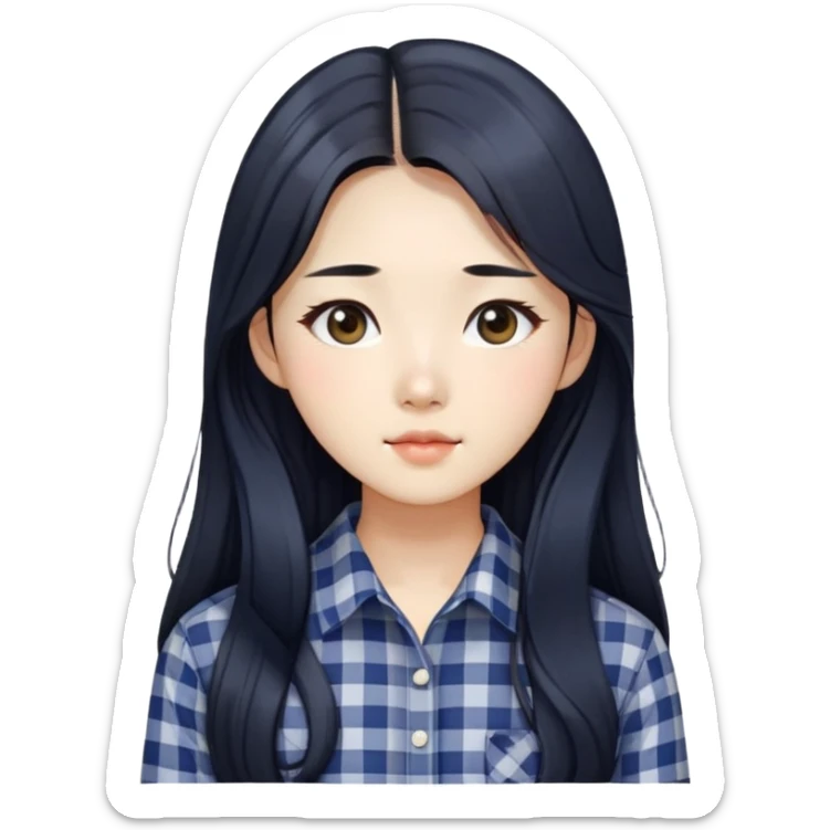 beautician, pretty korean girl with black long hair wearing navy check shirts, long face sticker