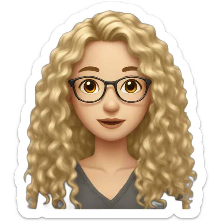 Caucasian girl, long hair, black curly hair, golden glasses with tiny frames, just face sticker