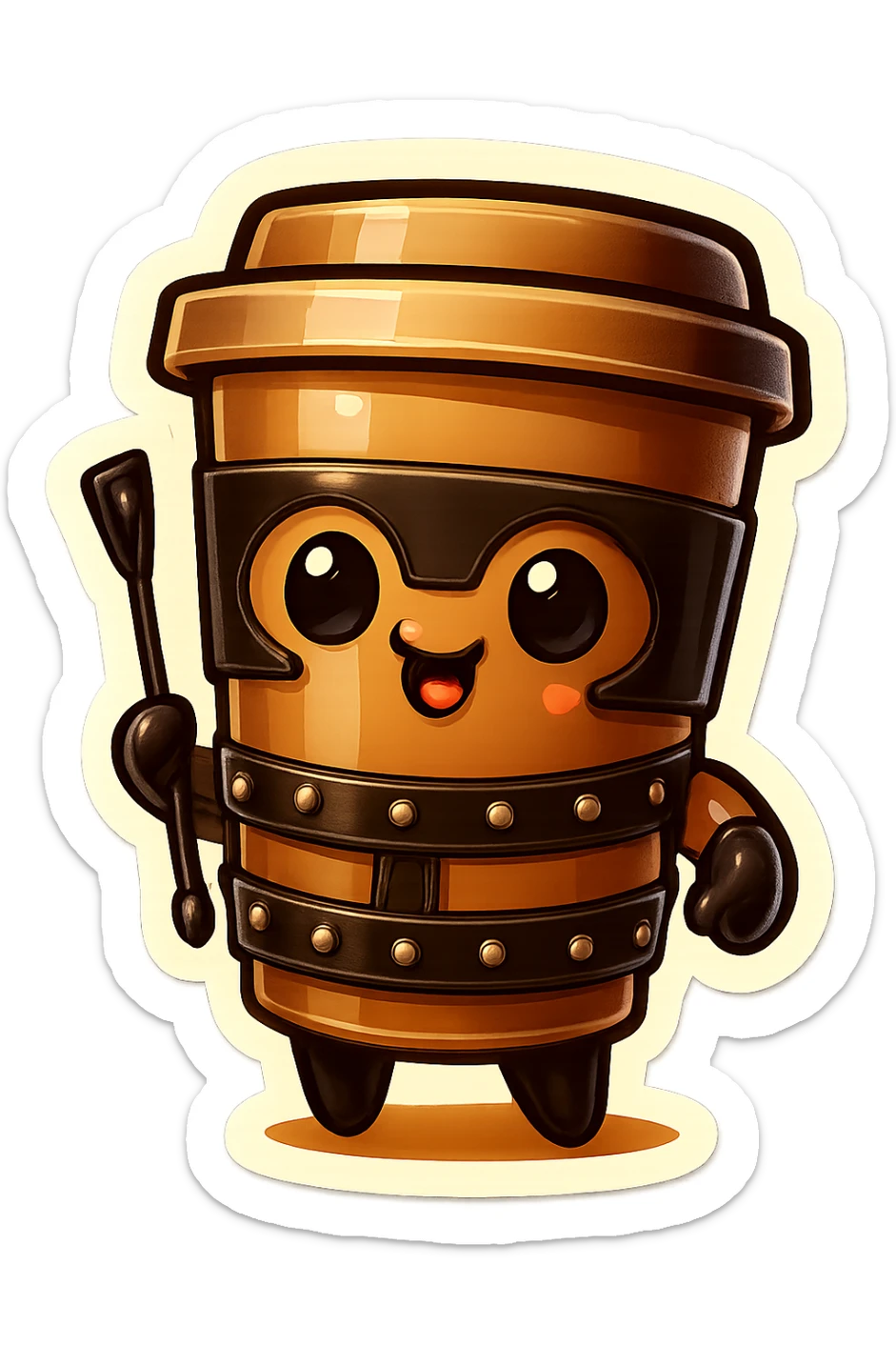 Tall coffee cup, dressed in leather holding a whipping crop sticker