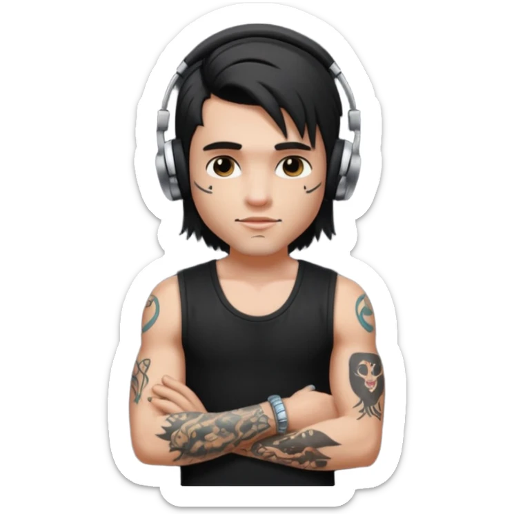 a pretty bratz guy with mullet and earphones and a sleeveless black top with tattoos on arm sticker