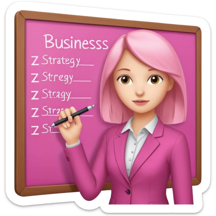 pink board with a girl writing on it and on the board there are graphs and a title "Business Strategy" sticker