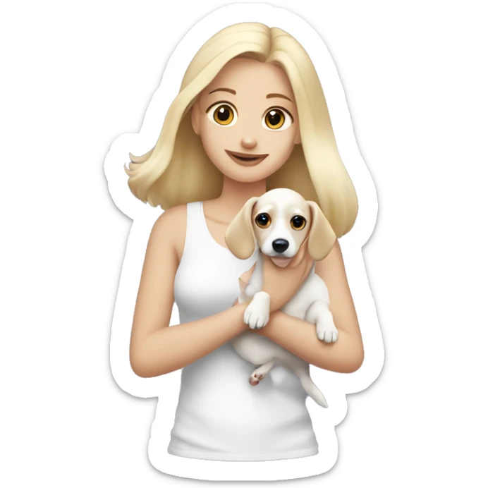 Blonde girl in white top holding a white dachshund puppy  sticker