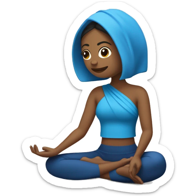 Mujer meditando en una manta de pilates azul rey, con los brazos cruzados y audifonos cascos negros sticker