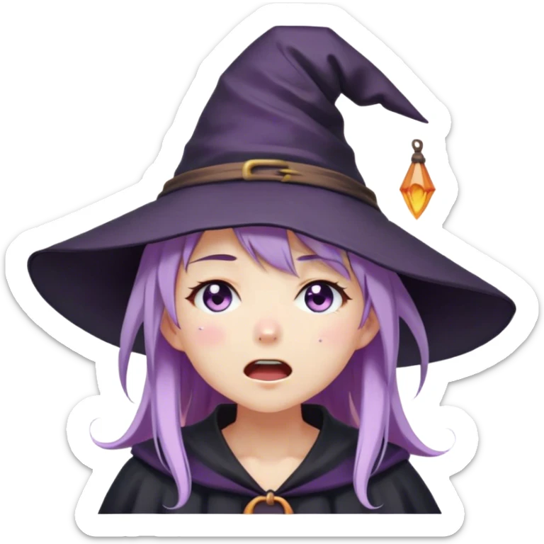 cute anime girl with lilac hair in a witch hat with her eyes closed cries and screams loudly sticker