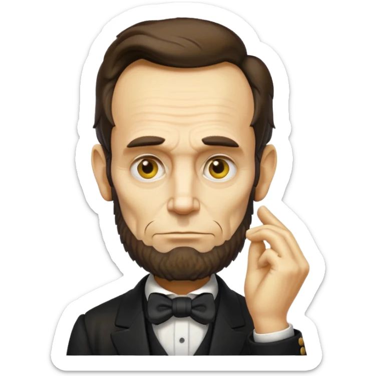 yellow emoji face of Abraham Lincoln, hand on chin in thinking pose, serious yet comical expression sticker
