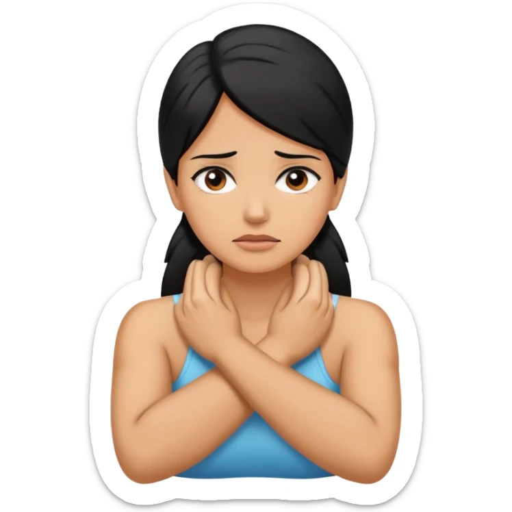 women with tan skin color and black hair arms crossed hands holding neck stressed sticker