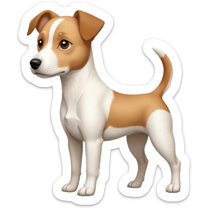 a full body facing front on of a buff white beagle cross jack russell terrier looking dog the size of a kelpie with light brown long ears resting on its face and a light brown patch above one eye and a large snout. the rest of the dog is completely white.  sticker