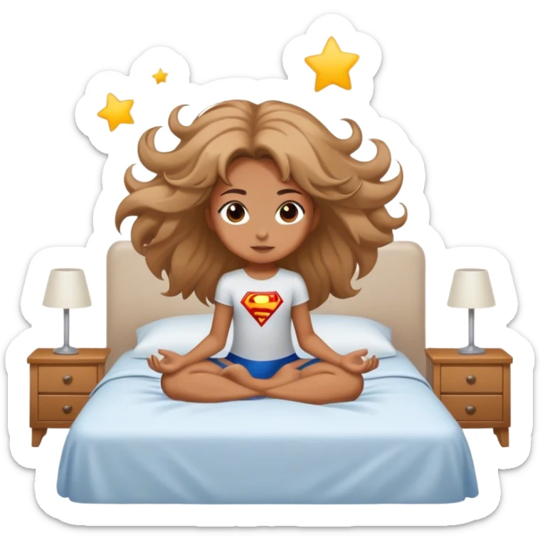 A girl their hair is floating and they have superpowers and they are sitting on their bed sticker