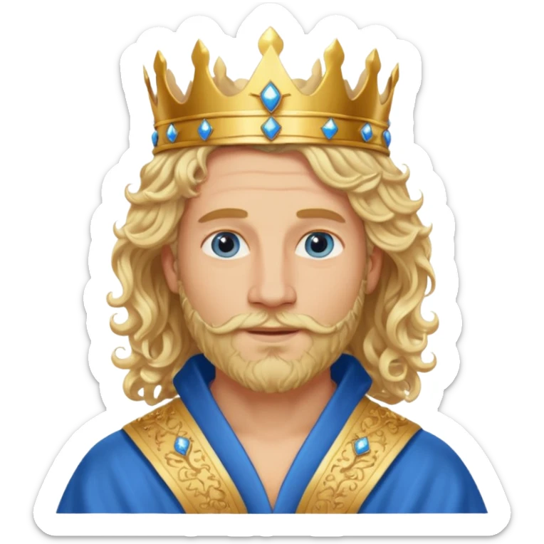 1 Middle-aged white king, 40 years old, blond hair, blond beard, long curly hair, blue eyes, kind and benevolent vibe, gentle smile, wearing a crown and blue robe emoj sticker
