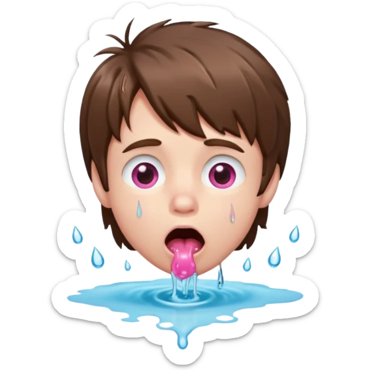 Pale Boy with shaggy brown hair, pink eyes looking up , mouth open , water drop dripping from lips sticker