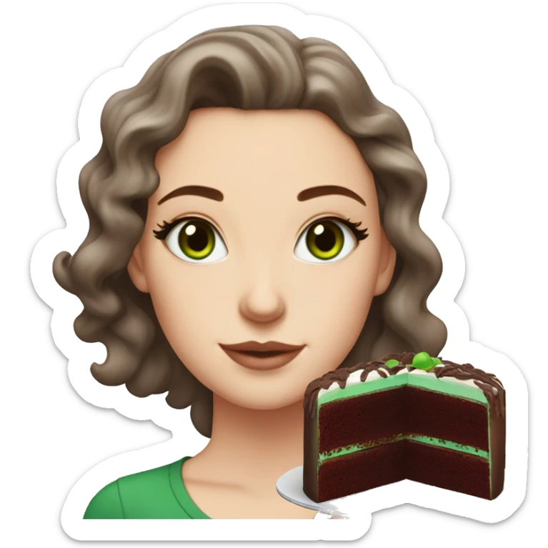 a white girl with dark red burgundy wavy hair and black eyeliner and green eyeseating a huge piece of chocolate cake  sticker