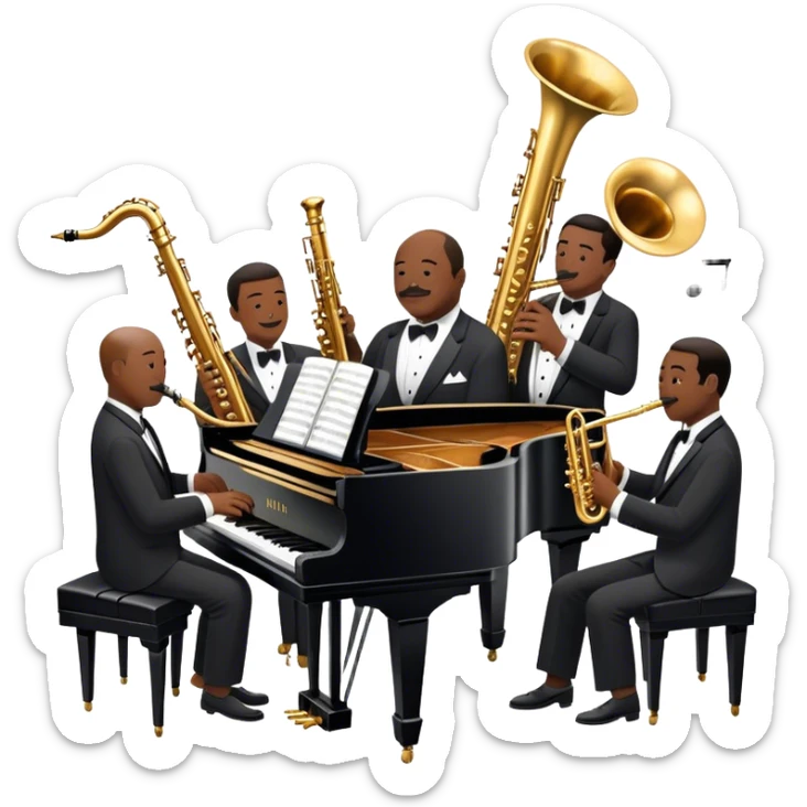 Icon for Jazz Music: Count Basie Orchestra, with Count Basie at the piano surrounded by jazz musicians playing instruments like saxophones, trumpets, and drums. Floating musical notes should capture the energetic and smooth vibe of big band jazz. Transparent background. sticker