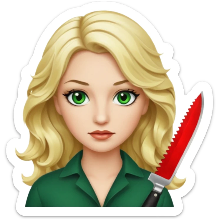 Emoji femme blonde cheveux blond ondulé, yeux vert avec de long cils noir qui porte un couteau sticker
