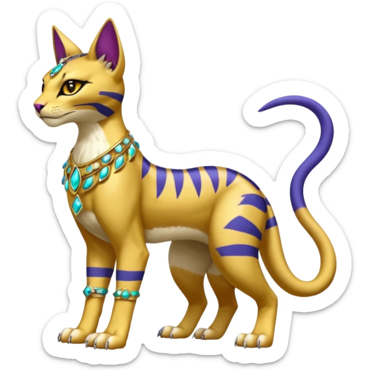 Egyptian furry hyper-realistic colorful Bastet-Liepard-Noibat-Gatomon-Garchomp-Digimon-Fakémon-Pokémon-creature (full body) sticker