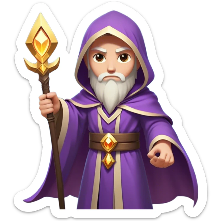 Clash of Clans aesthetic friendly Mage Portrait Emoji, With an enigmatic, slender build draped in flowing mystical robes adorned with arcane symbols, piercing eyes and a determined aura, his face rendered in a natural skin tone (not yellow), Simplified yet sharply defined features, highly detailed, glowing with a cool, otherworldly radiance, high shine, wise and resolute, stylized with an air of ancient sorcery, focused and mystical, soft glowing outline, capturing the essence of a powerful mage ready to unleash enchanted spells on epic adventures! sticker