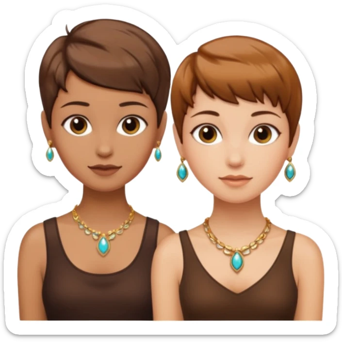 Fair skin and caramel colored besties with brown hair pixie cuts wearing jewelry  both brown hair  sticker