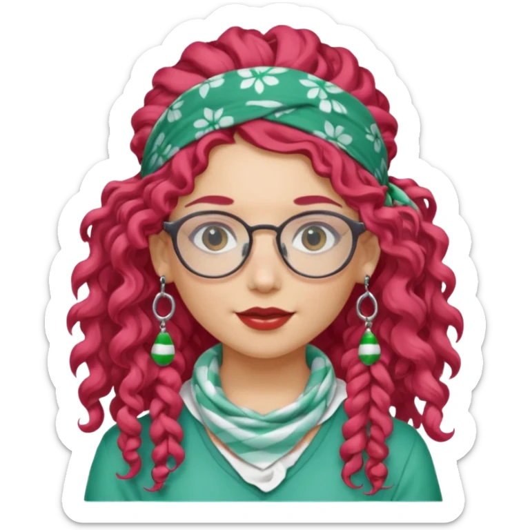 girl with long curly peppermint hair and bandana and glassess and earring sticker