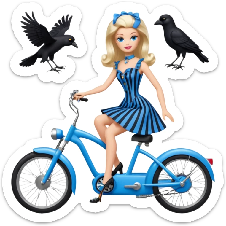 1920s coal hair hotrod Silkstone Marie Antoinette Barbie Wednesday Addams from academy in a blue and black vertically-striped classic dress. riding hot rod electric bikes with crows sticker