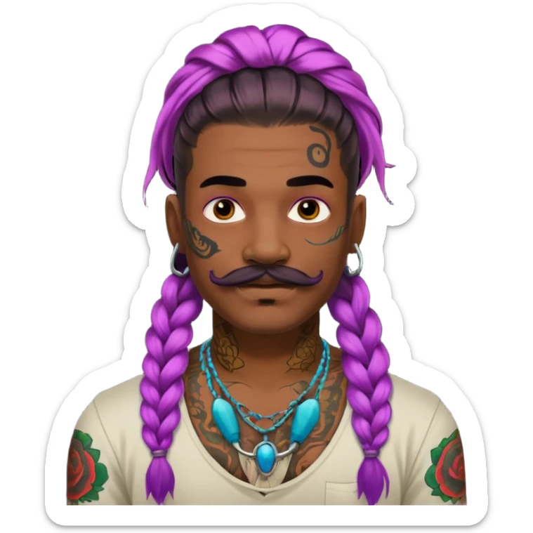 big lose braids starting from the top of the head man with mustache face wiith big visible braids and lots and lots of face tattoos colored tattoos like a tattoo artist hair unique color sticker