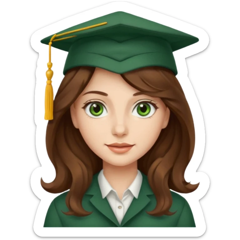 beautiful  woman with wavy long brown hair and green eyes with school hat sticker