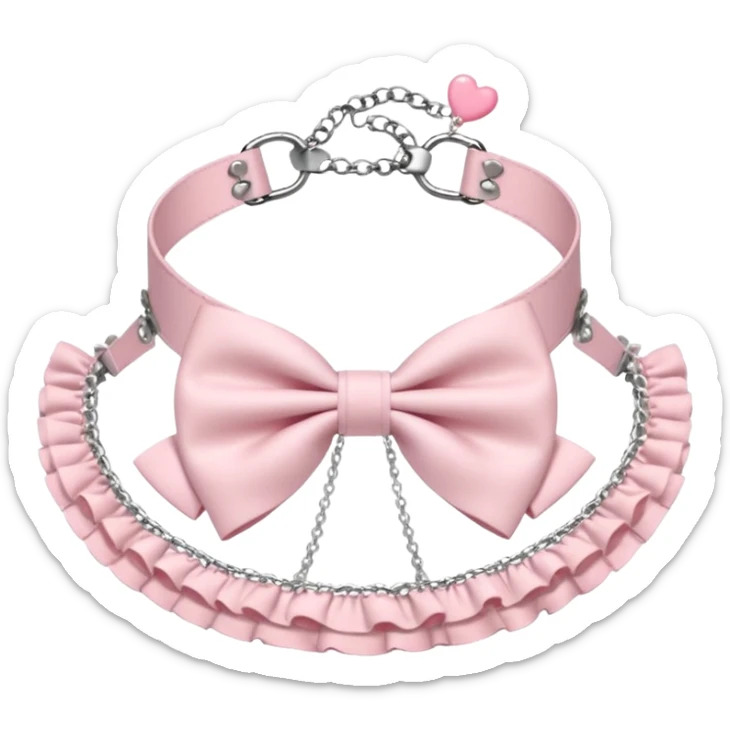Pastel-baby-rose-pink Lolita-styled aesthetic cute kawaii choker-collar-necklace adorned with with white frills, roses, hearts, bow tie, silver chains,  sticker