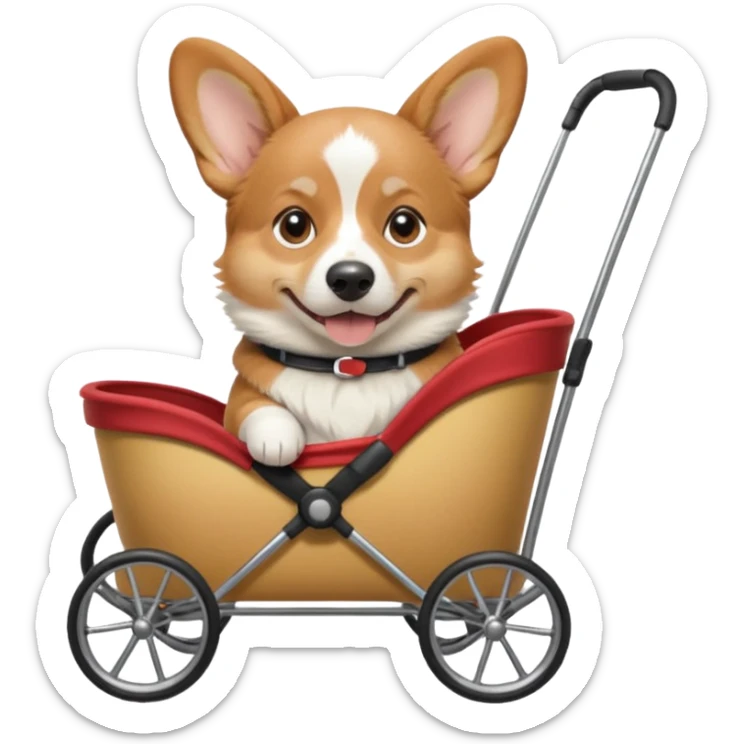 realistic male corgi sitting in a dog stroller, apple style emoji, corgi looks real sticker