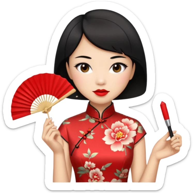 a chinese woman wearing a cheongsam holding a folding fan elegantly with fancy, red lipstick and short black hair sticker