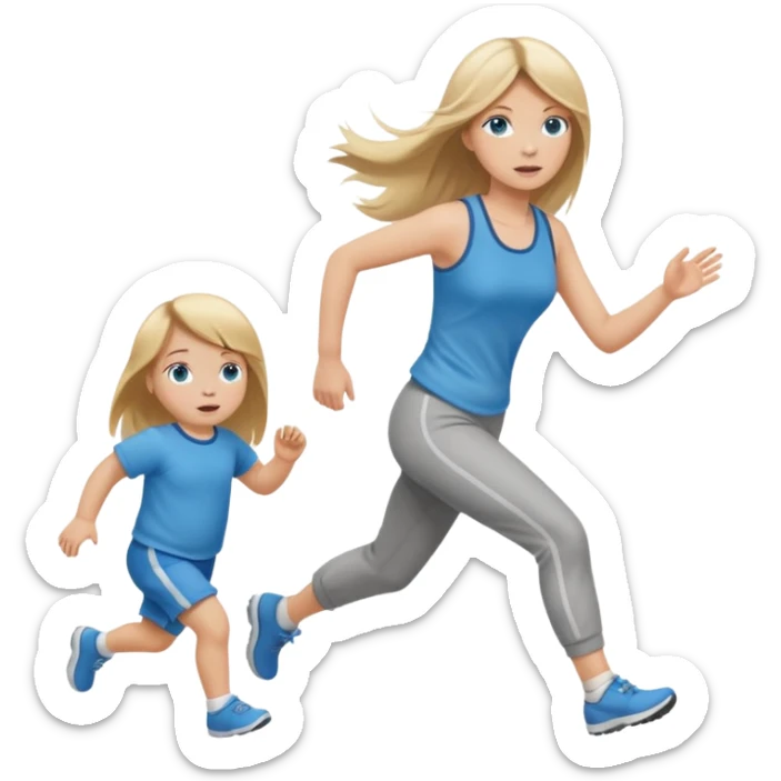 full length of a young woman with long straight dirty blonde hair, side bangs, and blue eyes. She is running behind a 1 year old baby girl sticker
