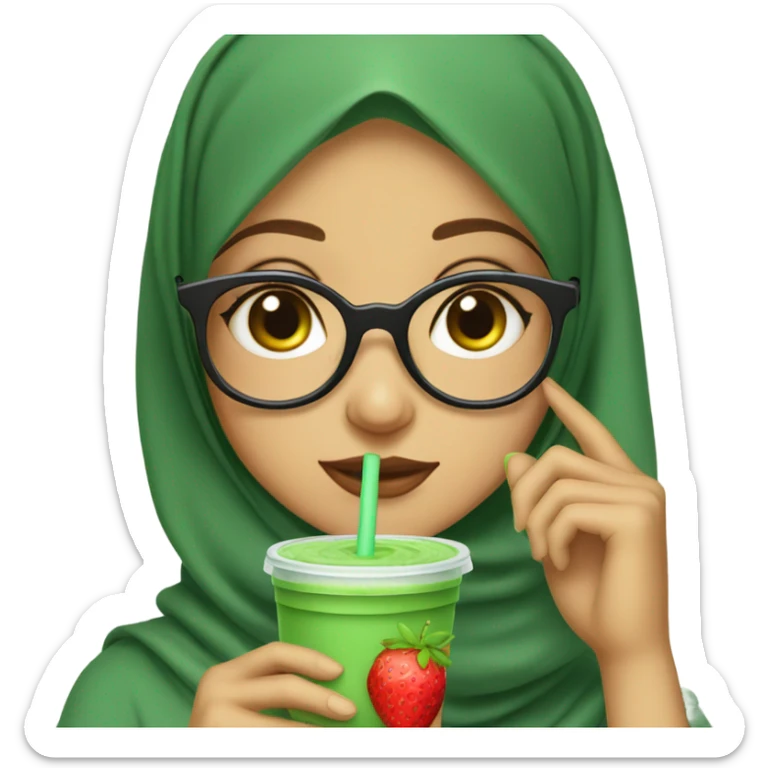hijabi girl with round glasses and matcha strawberry sticker