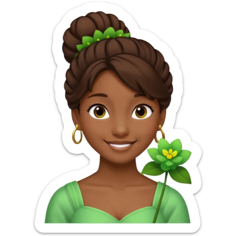 tạo cho tôi emoji tạo hình của công chúa da đen tóc nâu búi tóc 1 bên trên đỉnh đầu, cô ý cài hoa màu xanh lá cây. không đeo khuyên tai sticker