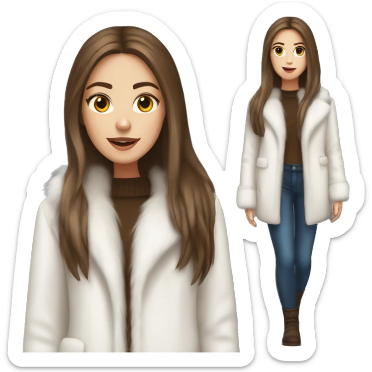 Beautiful white girl with straight brown long hair in white fur-coat sticker