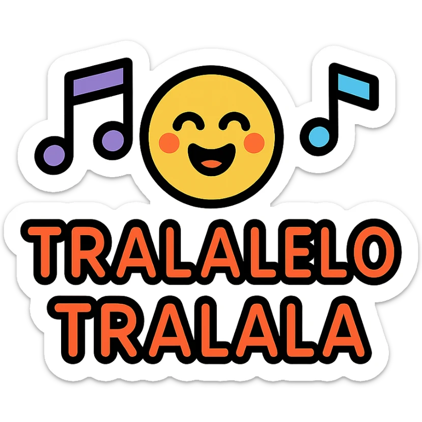 playful icon of 'Tralalelo tralala', rounded shapes, music notes, cheerful vibe sticker