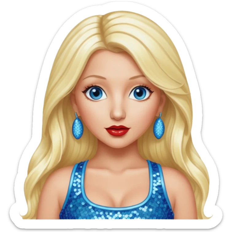 Christina Aguilera with blue eyes, long blonde hair, light blue sequin crop top, red sequin pants sticker
