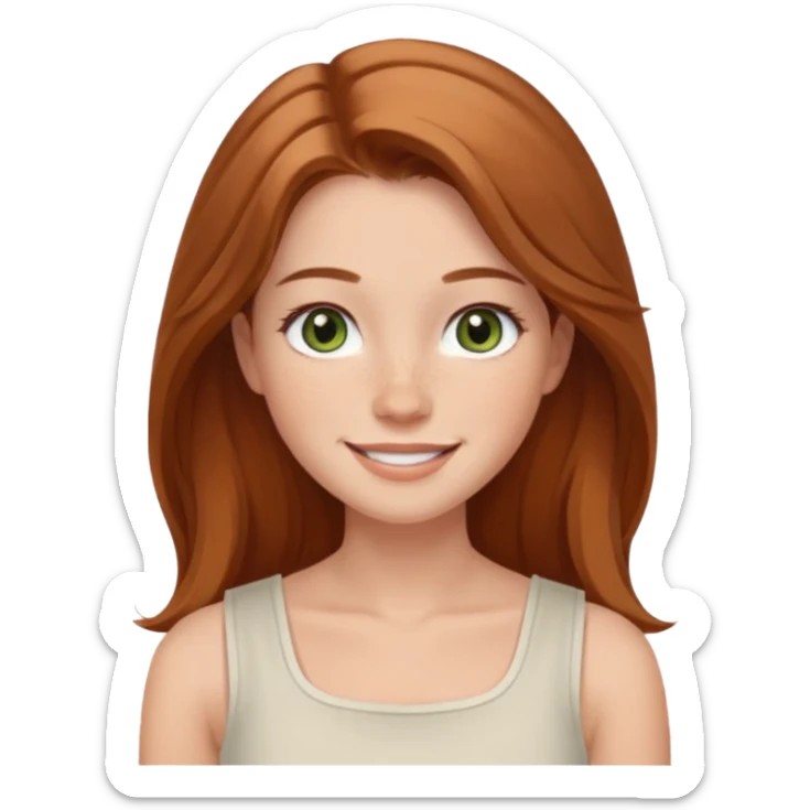 emoji of a woman named Freya McOmish, smiling, hazel green eyes, long light brown hair, subtle freckles, modern casual style, broad shoulders, wearing a white sleeveless square neck top sticker