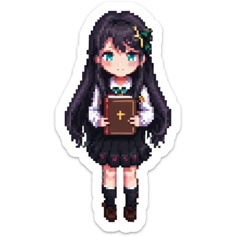 Japanese anime schoolgirl with long hair holding a book in pixel art style sticker