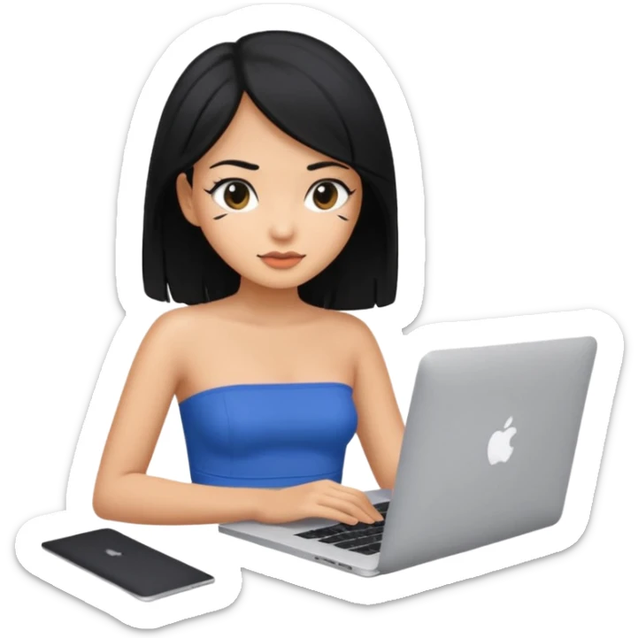 girl with tube top and straight black hair, with a mackbook  sticker
