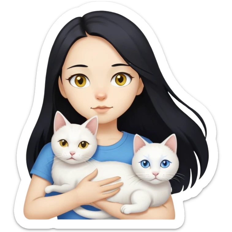 A girl with long black hair, fair-yellow skin, and brown eyes, wearing a white T-shirt, holding a white cat. The cat’s left eye is blue and its right eye is yellow. sticker
