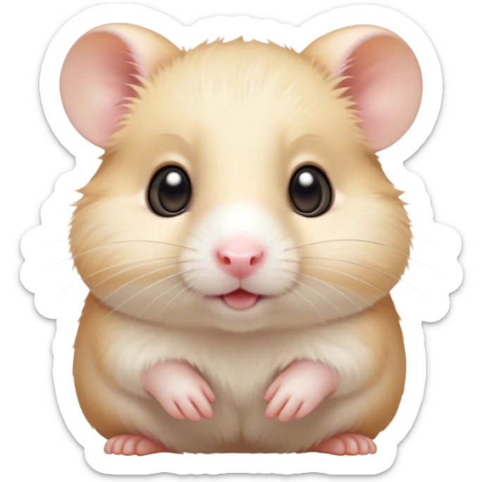 Cinematic Cute Cream Hamster Portrait Emoji, Head tilted playfully and inquisitively, featuring a silky, pristine cream fur with a gentle sheen, round, sparkling dark eyes filled with curiosity, Simplified yet irresistibly adorable features, highly detailed, glowing with a warm, friendly glow, high shine, affectionate and lively, stylized with a touch of whimsy, bright and endearing, soft glowing outline, capturing the essence of a mischievous yet loving hamster, so playful it feels like it could dash out of the screen and into your arms! sticker