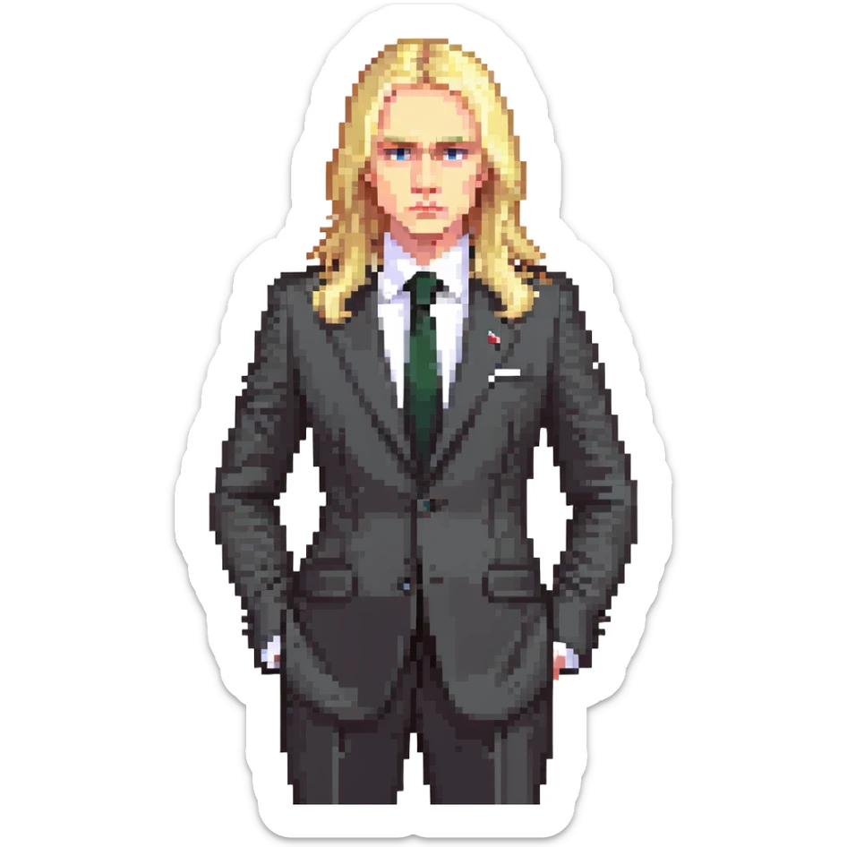 Russian politician with serious face, blonde hair, in dark suit sticker