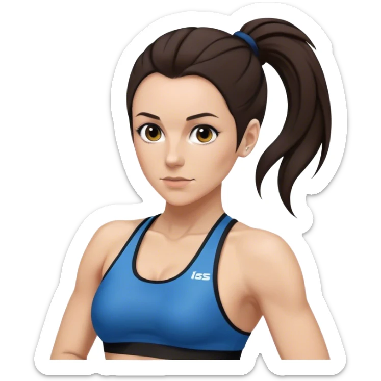 Melanie chisholm with a dark brown high ponytail wearing a sports bra and a track suit sticker
