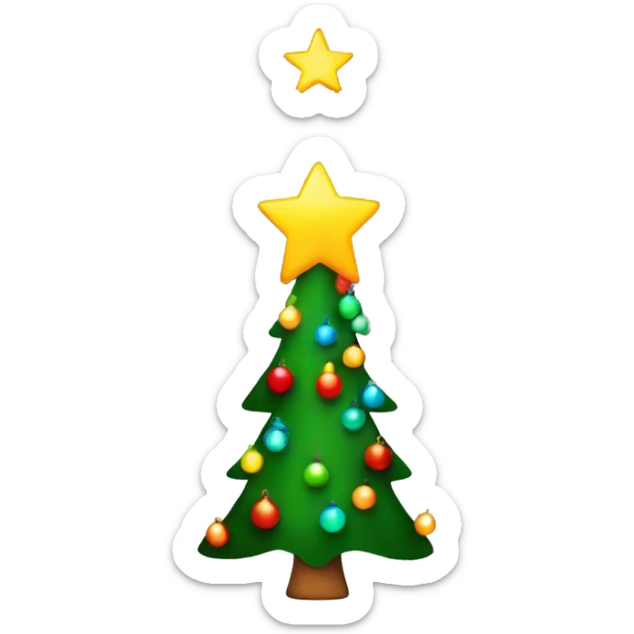 Christmas tree with yellow star topper, rainbow lights and red and green ornaments sticker