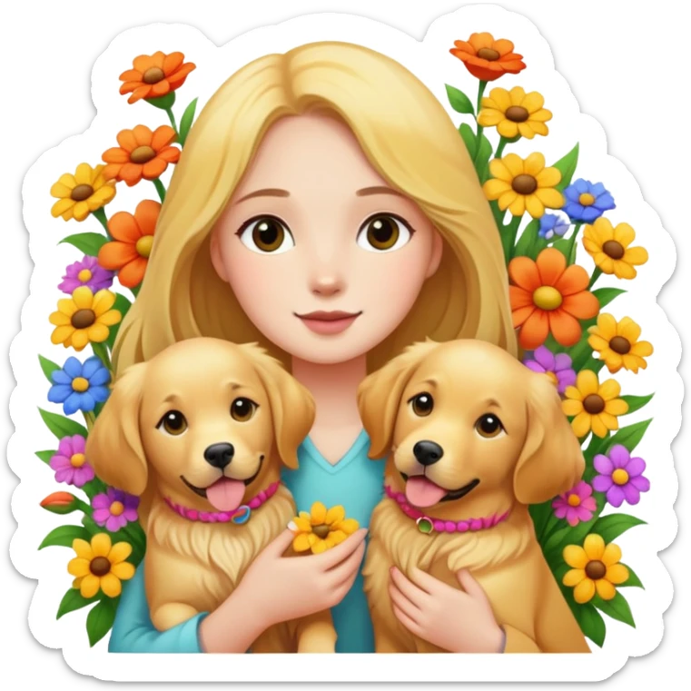 A girl is holding two golden retrievers in the flowers sticker