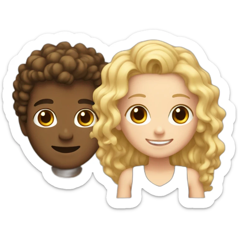 Couple, brown skin guy curly hair with a white girl blonde with teeth braces sticker