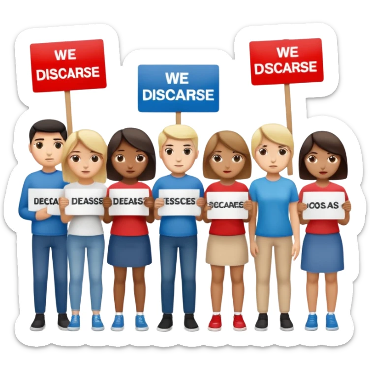 a crowd of people with unhappy faces and holding placards with the inscription: we disagree sticker