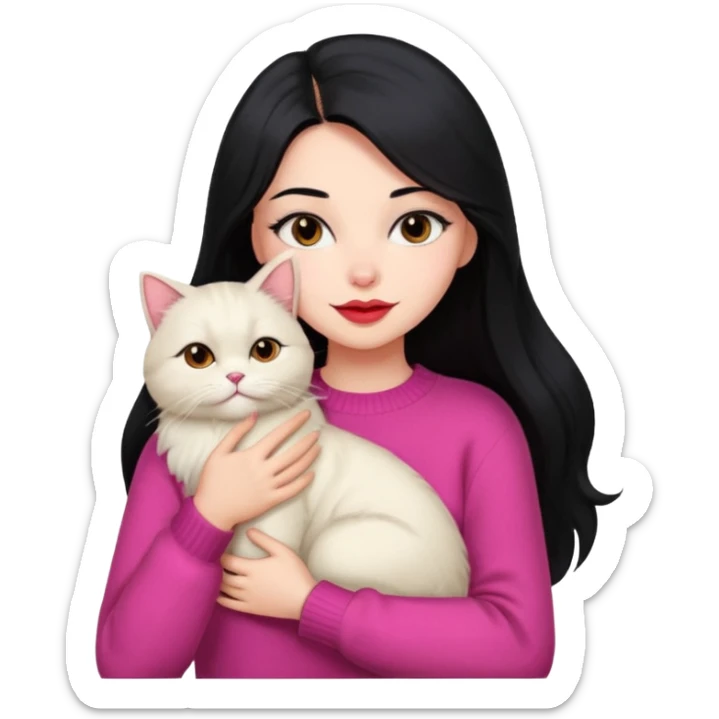 Beautiful girl Long Hair black, Skin White, Sweater Pink , Big Red Lips, Eyes coffe,Hug baby Persa Cream Cat  sticker