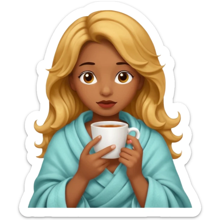 cute and sexy brown skin girl, golden wavy hair, sexy face expression, feeling sick, nose is red due to sickness, covered by blanket, holding tea mug in hands sticker