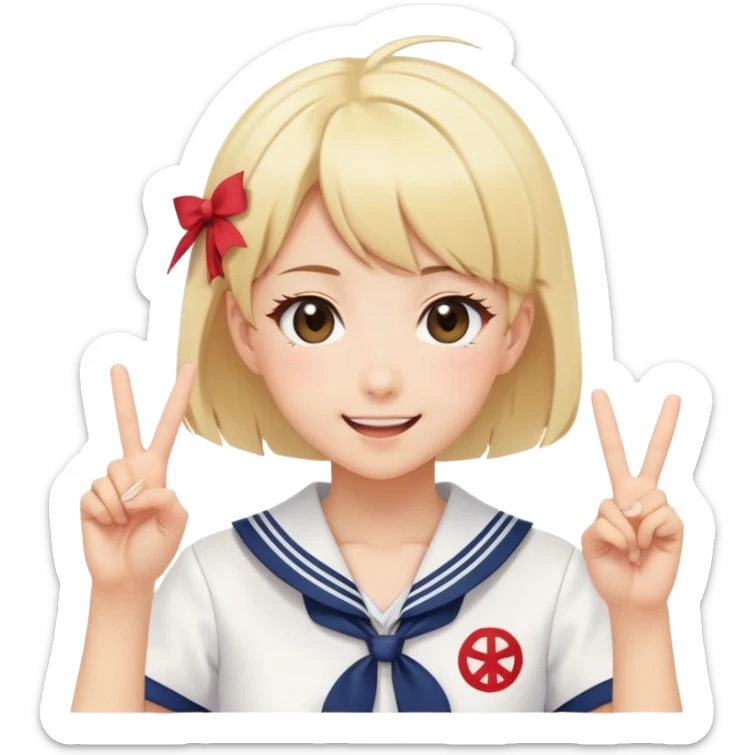 Energetic anime girl with short blonde hair wearing Japanese sailor style school uniform, winking and making double peace signs, very cheerful and bubbly, kawaii style sticker