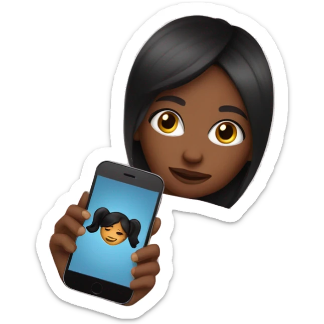 Black girl with straight black hair on her phone in bed with pink overs sticker