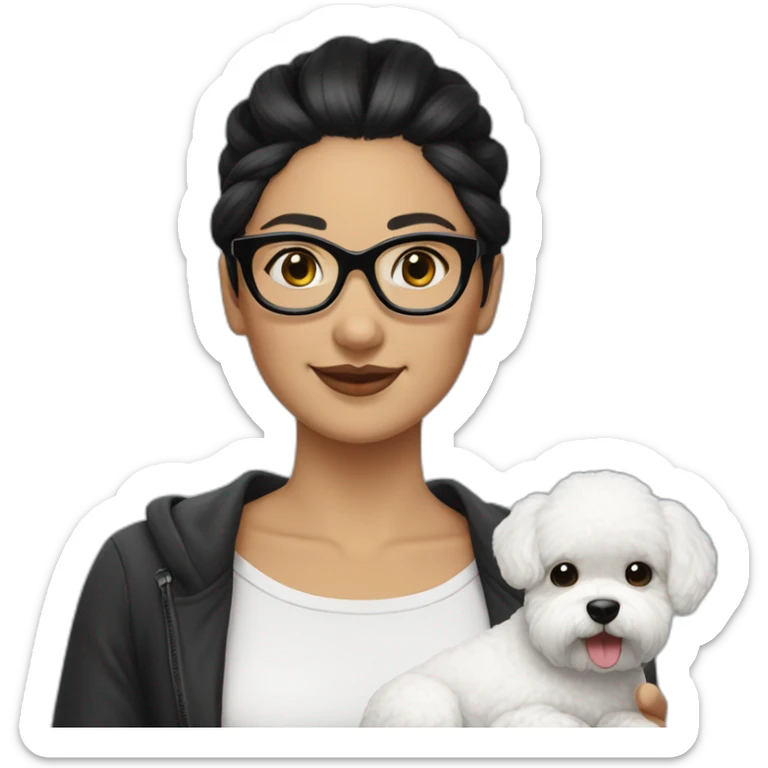 woman-black hair-bun-with glasses-with bichon dog-white-smile sticker